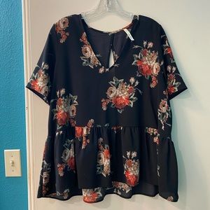 Black Floral Open Back Peplum Top